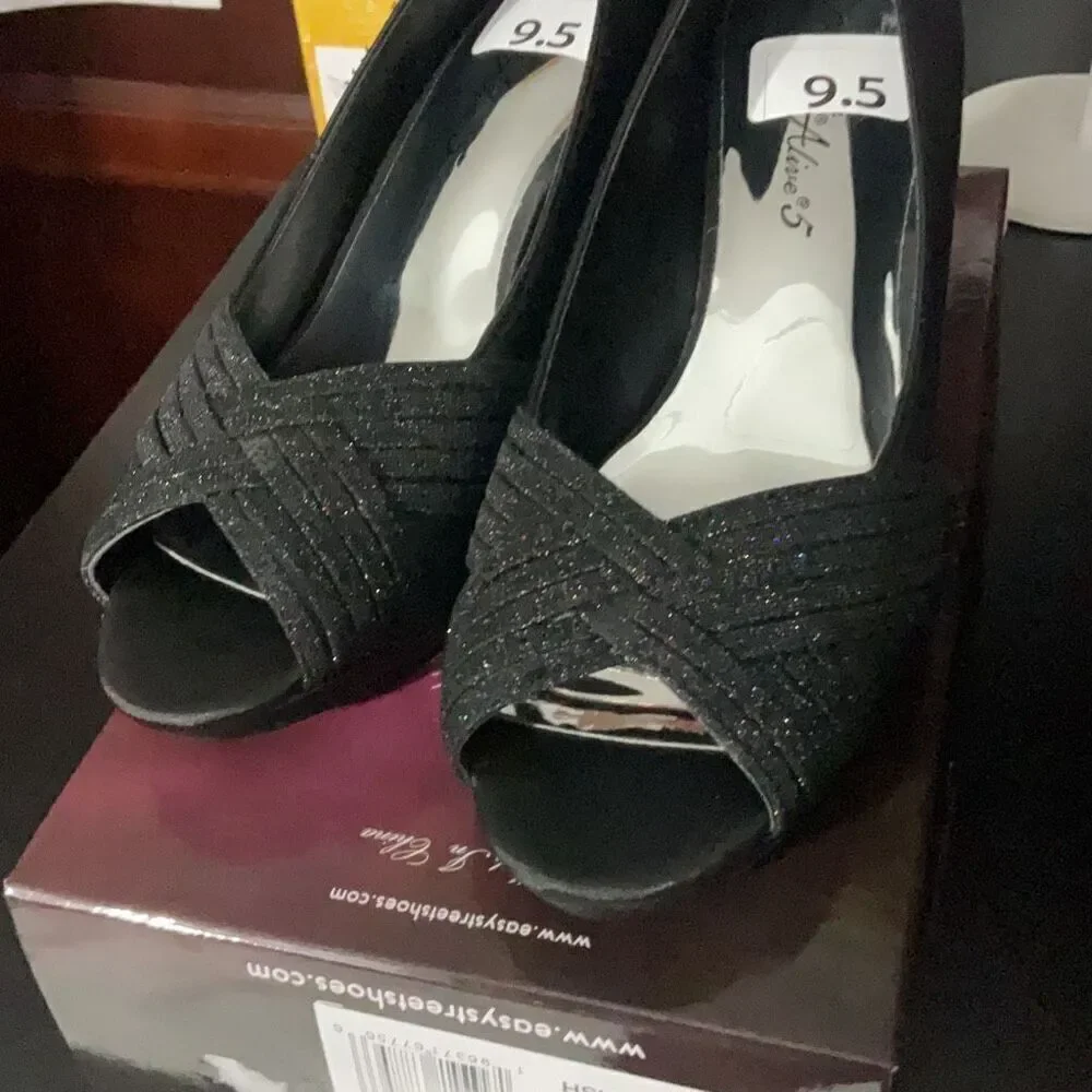 Easy Street Alive 5 Black Satin Glitter Peep Toe Womens Pumps Party Size 9.5 NEW - Picture 7 of 8